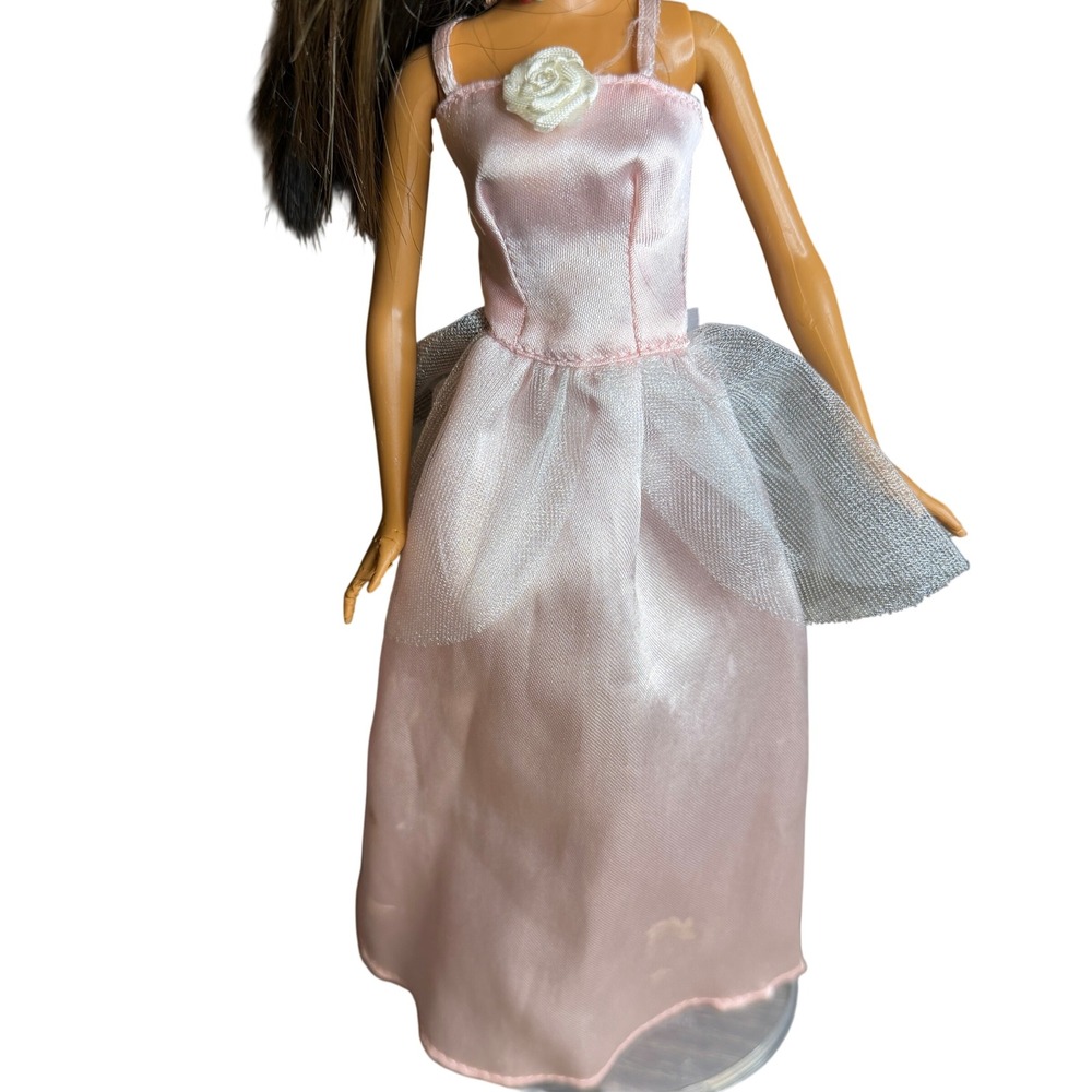 Barbie Pink Satin Princess Doll Dress White Rose Silver Mesh Peplum Ball Gown‎